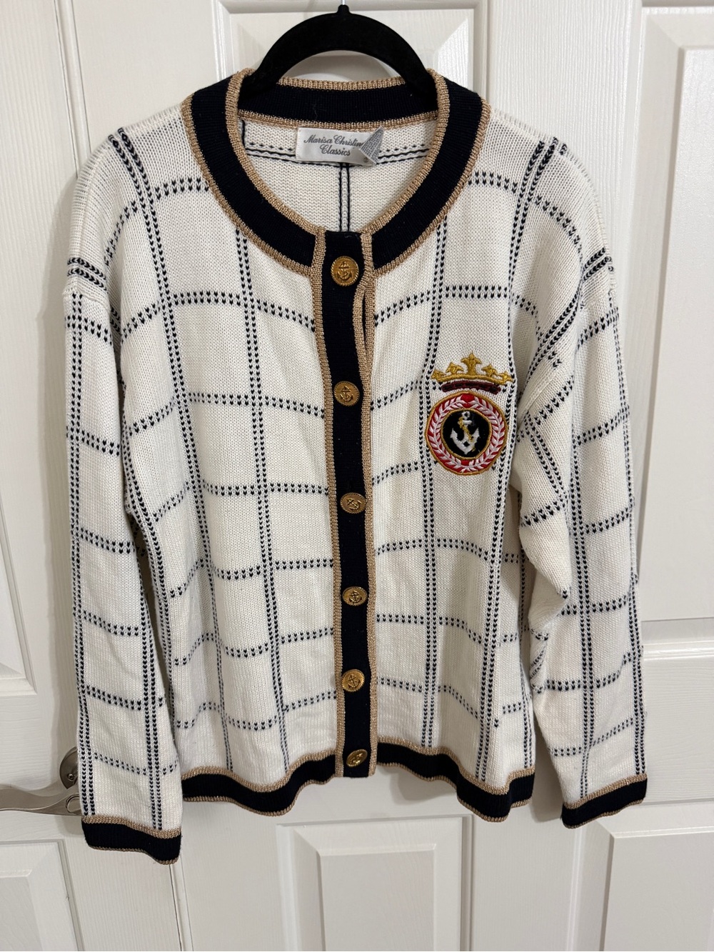 Marisa Christina Classics L Ivory Navy Nautical Anchor Embroidered Knit Cardigan
